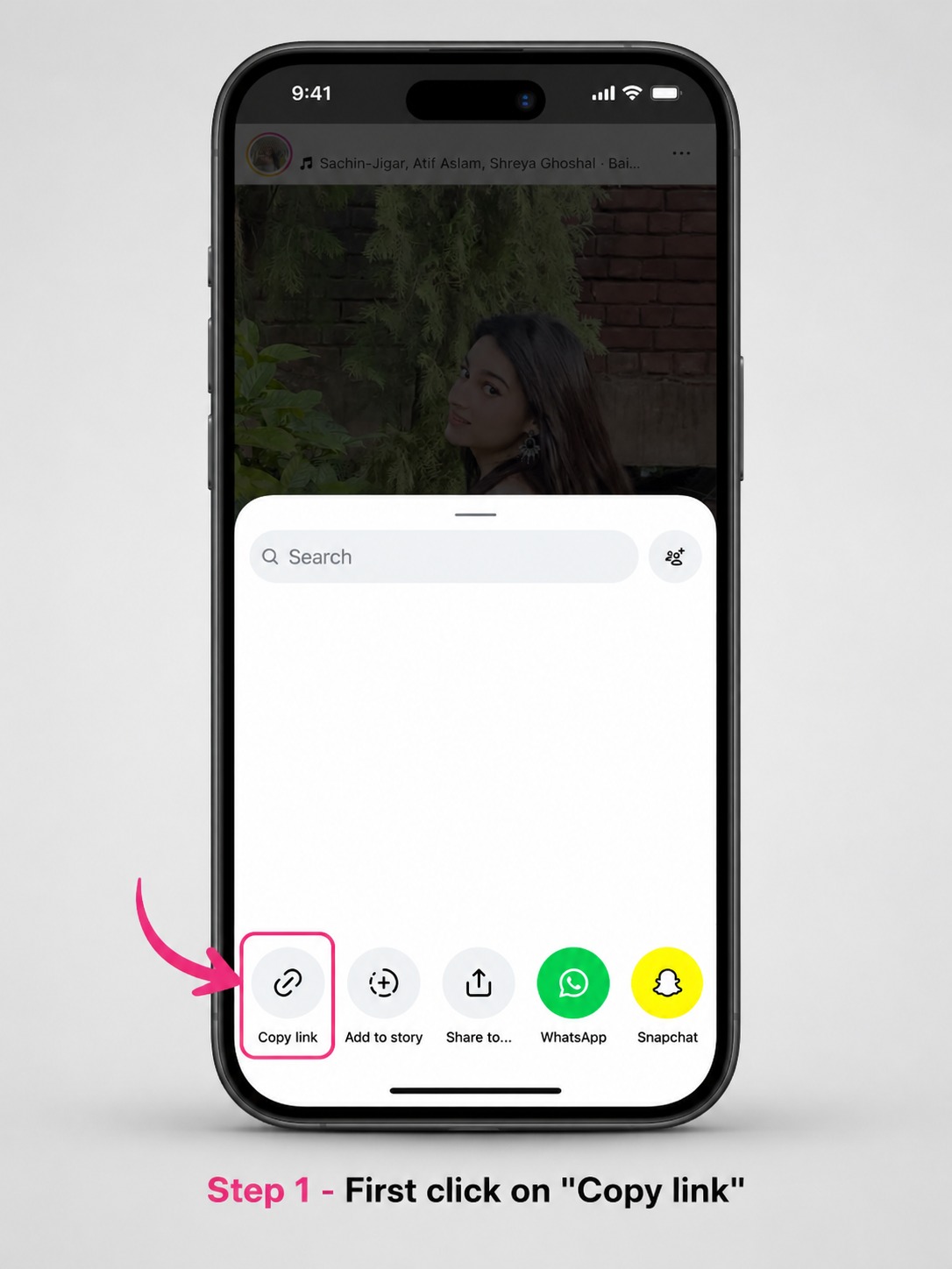 Phone tutorial showing how to copy the link for a public Instagram carousel post